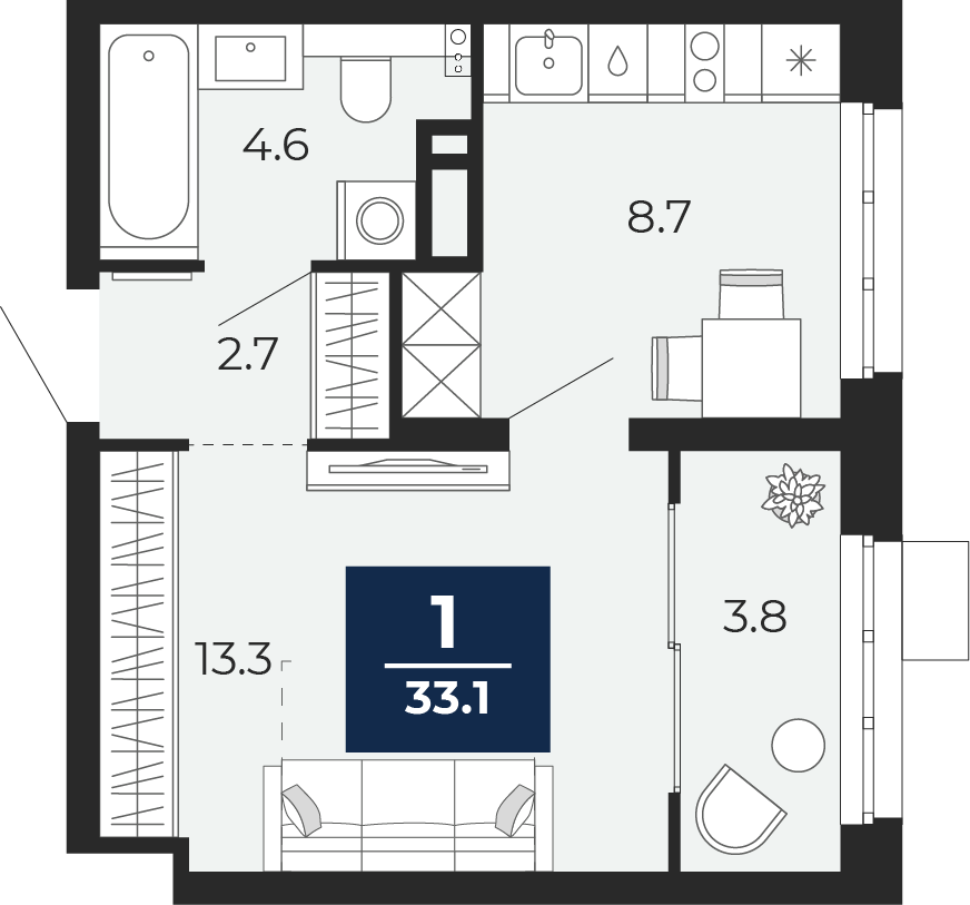 Квартира № 252, 1-комнатная, 33.96 кв. м, 6 этаж