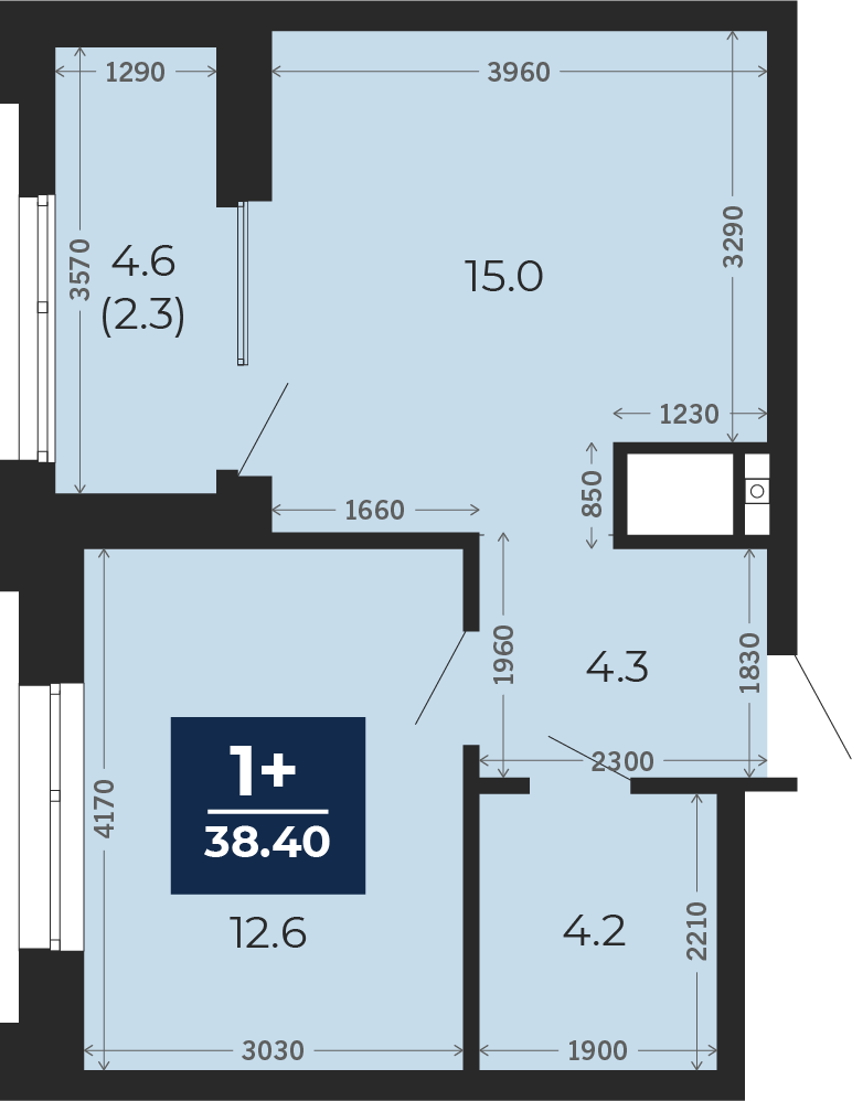 Квартира № 15, 1-комнатная, 38.4 кв. м, 3 этаж