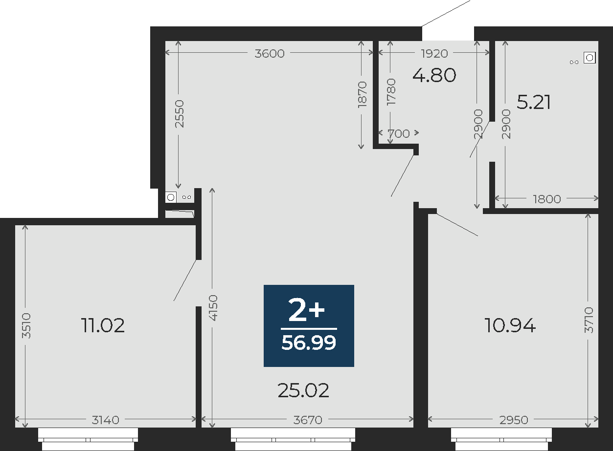 Квартира № 13, 2-комнатная, 56.99 кв. м, 2 этаж