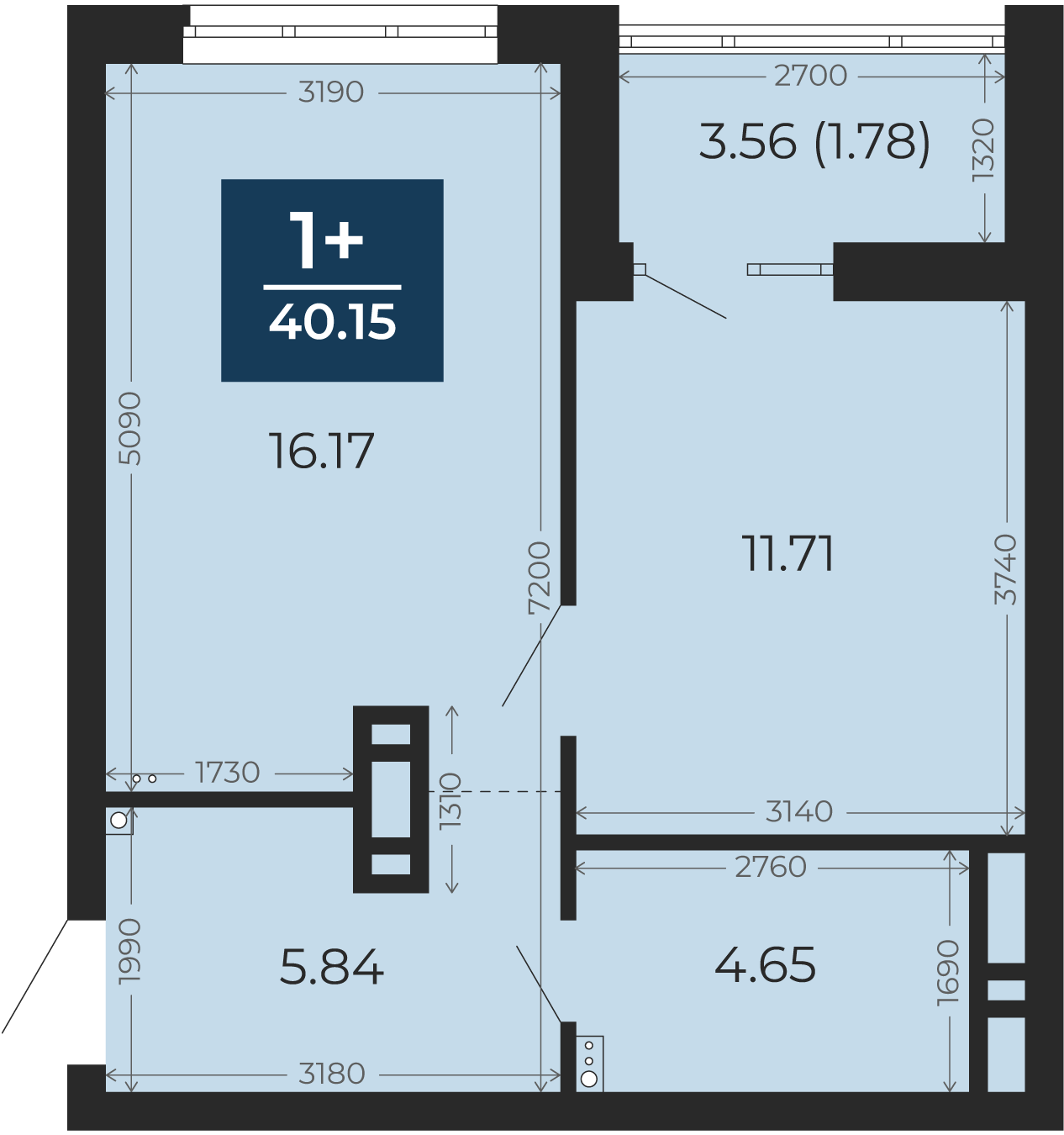 Квартира № 69, 1-комнатная, 40.15 кв. м, 10 этаж