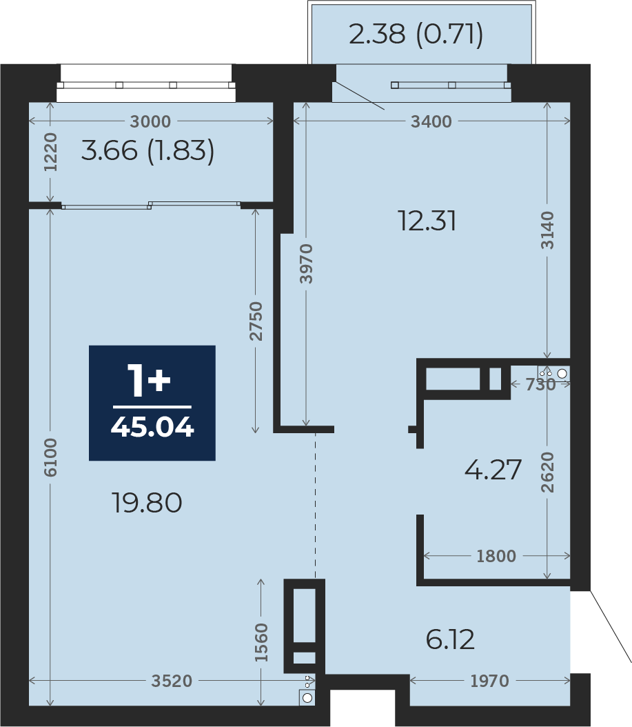 Квартира № 330, 1-комнатная, 45.04 кв. м, 15 этаж