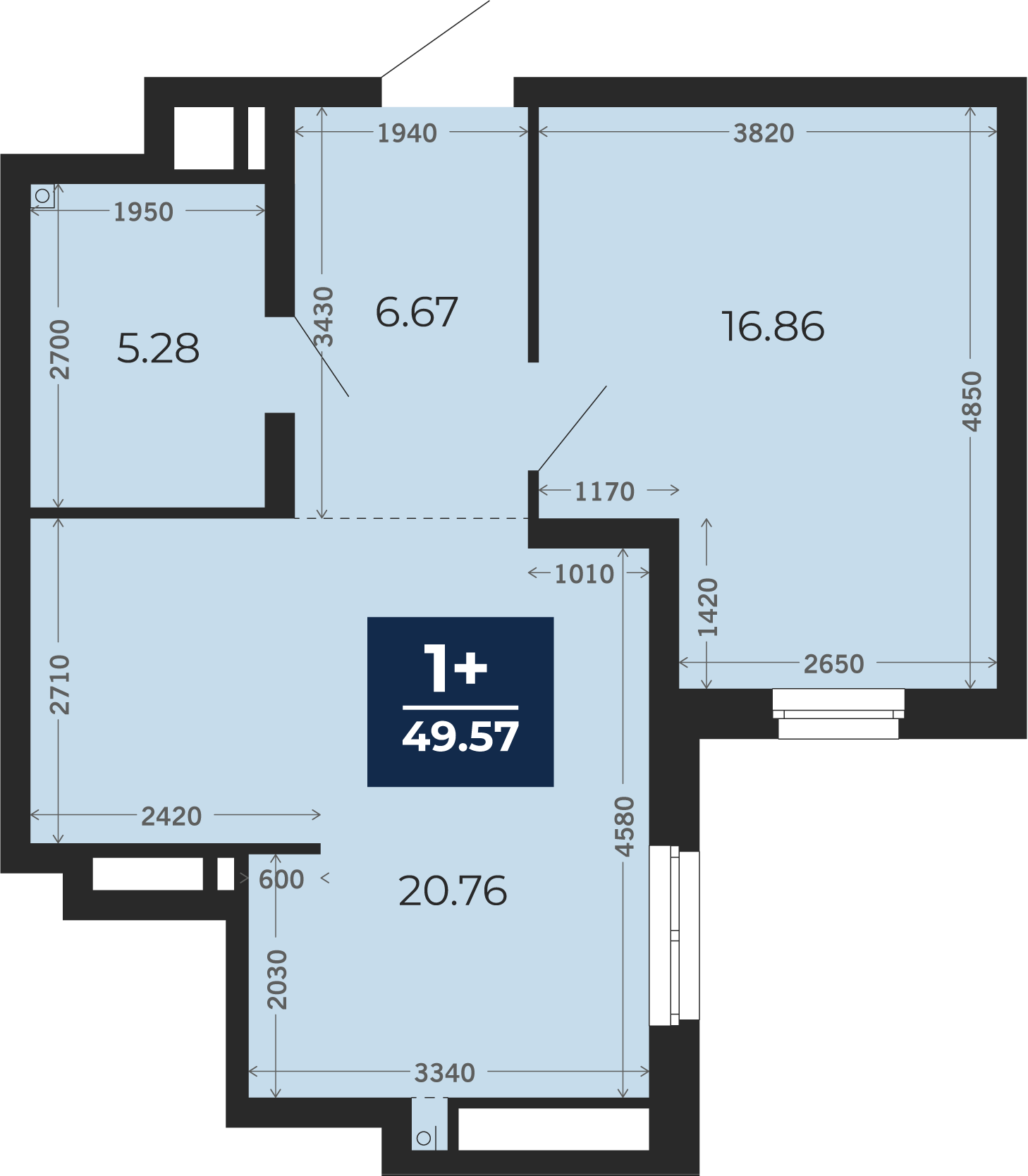 Квартира № 85, 1-комнатная, 49.57 кв. м, 2 этаж