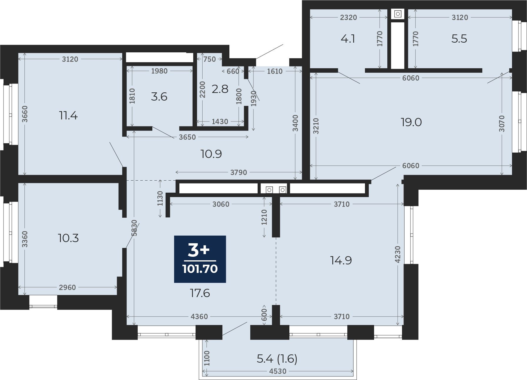 Квартира № 96, 3-комнатная, 105.5 кв. м, 14 этаж