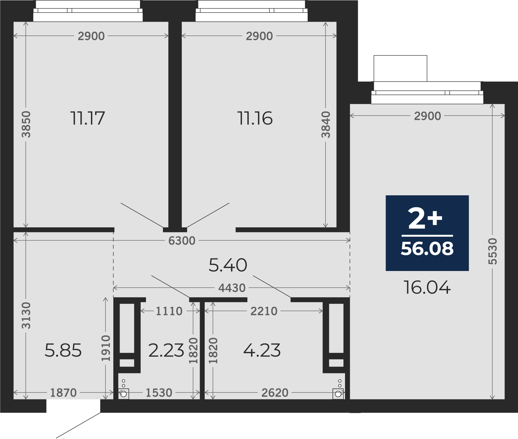 Квартира № 124, 2-комнатная, 56.08 кв. м, 2 этаж