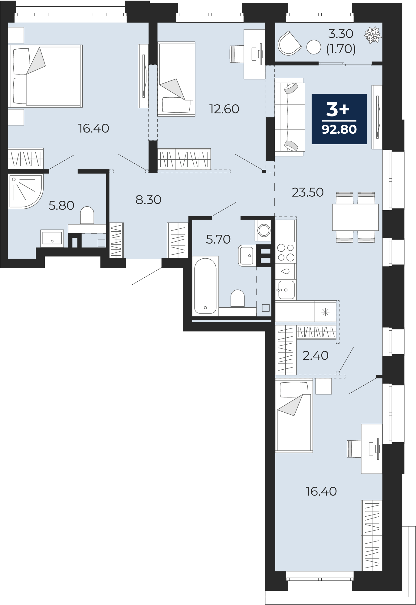 Квартира № 357, 3-комнатная, 94.4 кв. м, 2 этаж