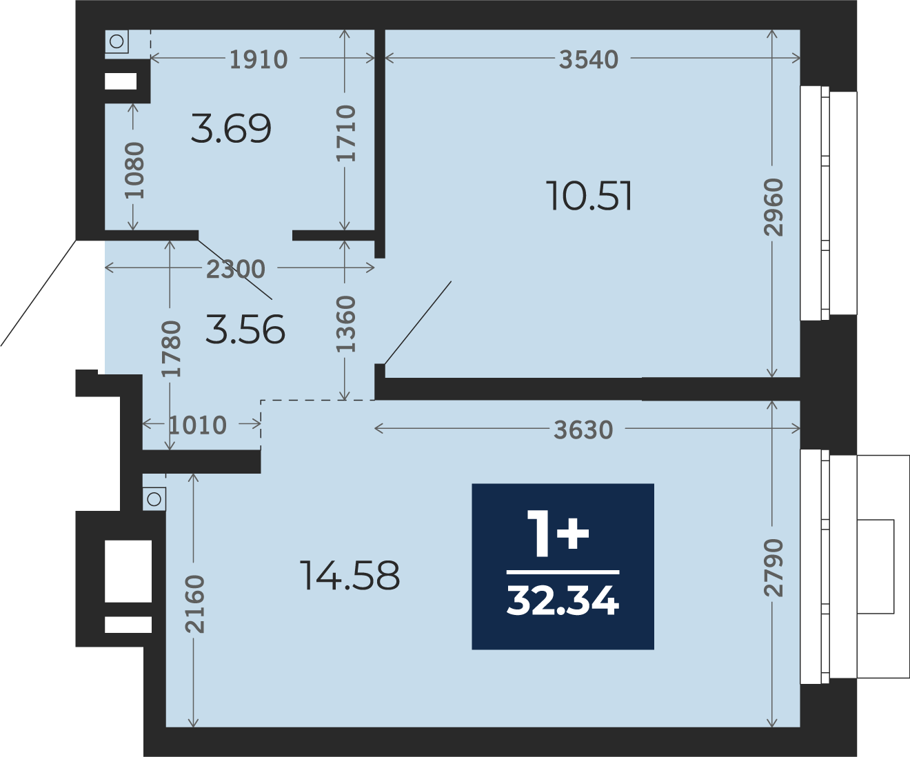 Квартира № 9, 1-комнатная, 32.34 кв. м, 2 этаж