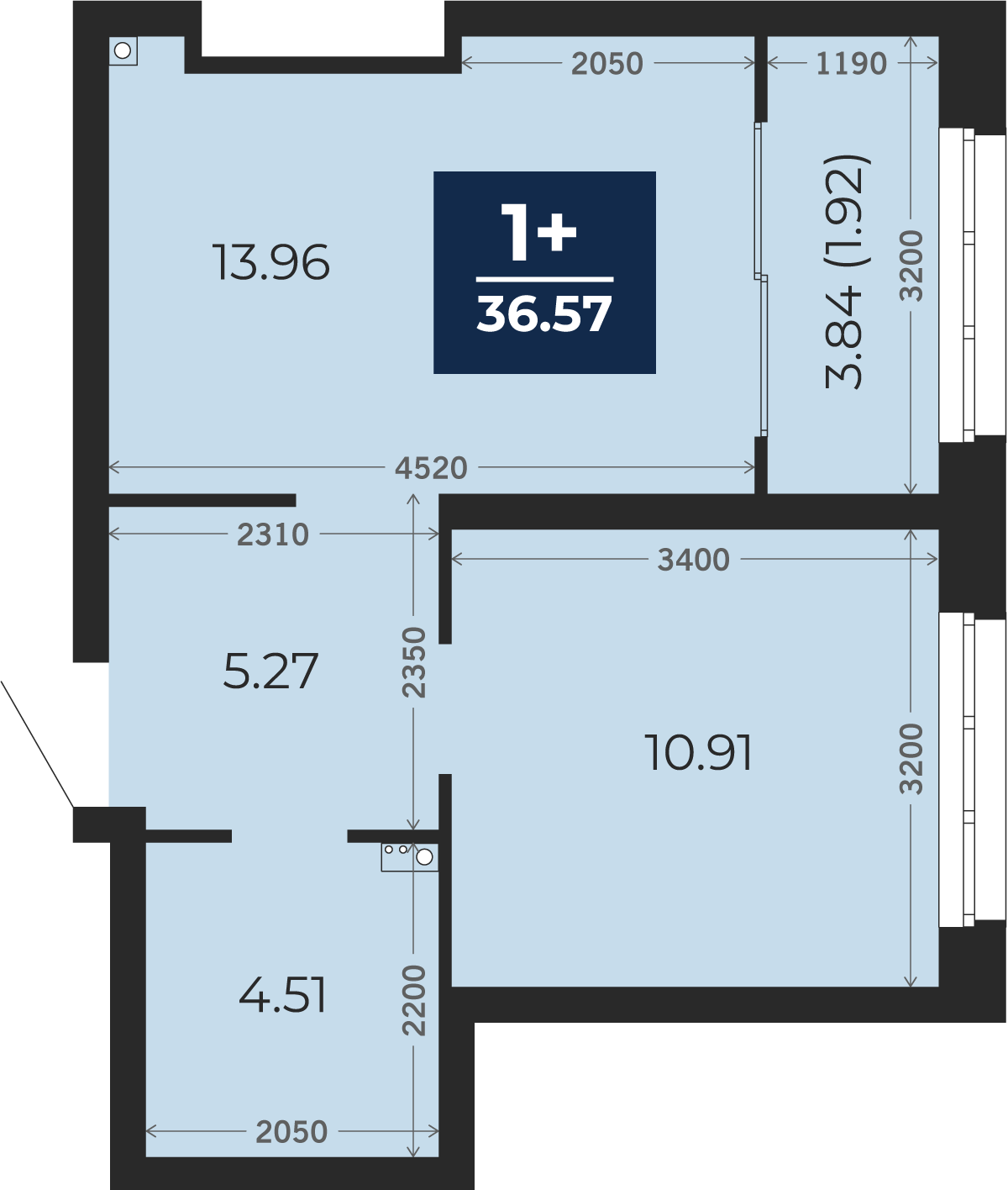 Квартира № 432, 1-комнатная, 36.57 кв. м, 2 этаж