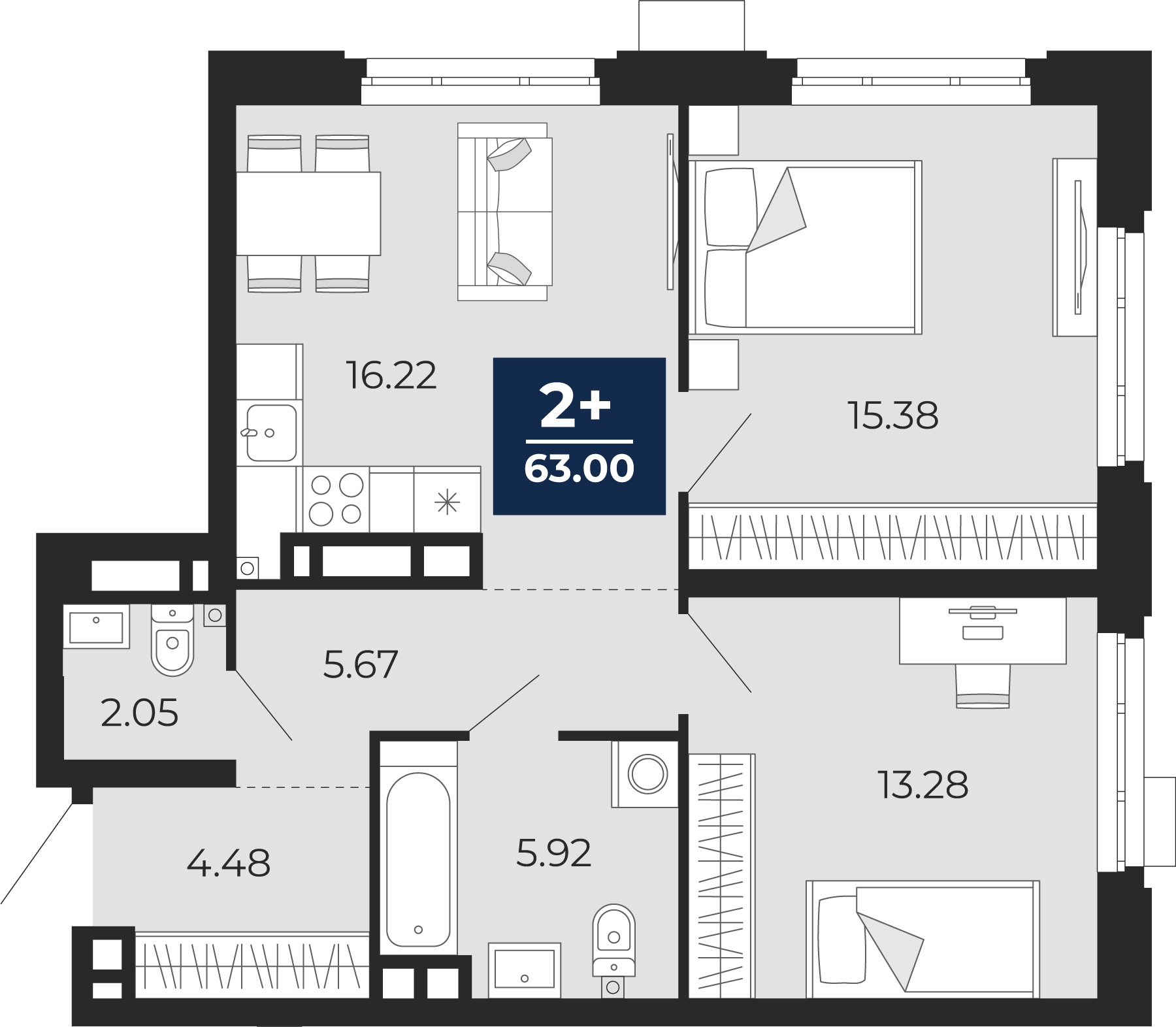 Квартира № 293, 2-комнатная, 63 кв. м, 2 этаж