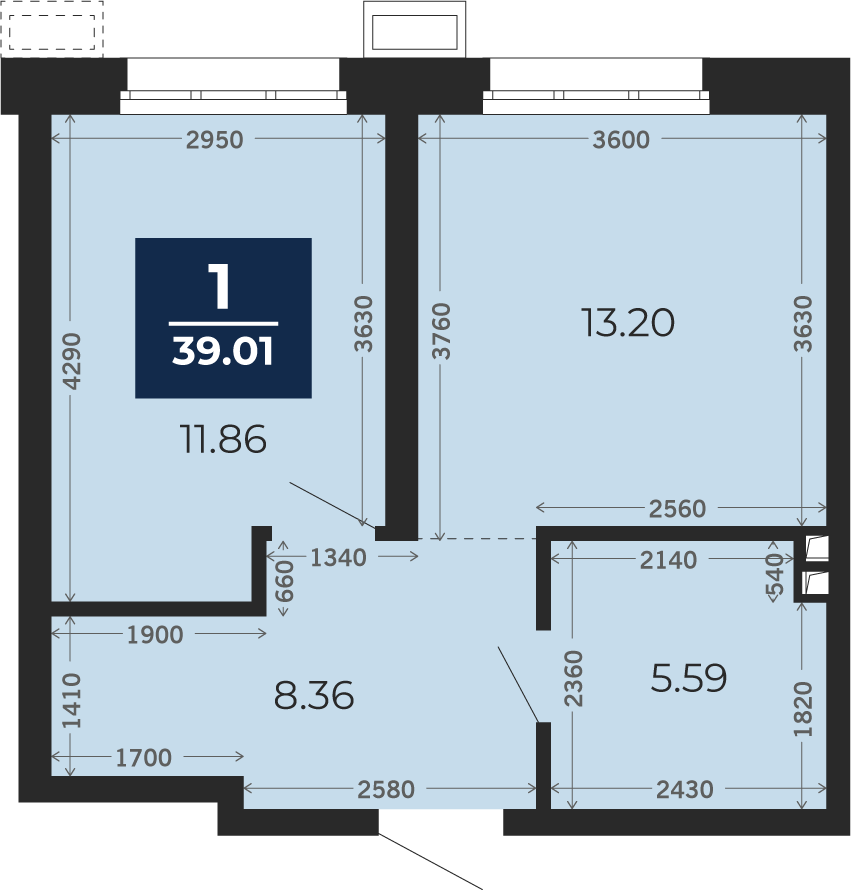 Квартира № 879, 1-комнатная, 39.01 кв. м, 1 этаж