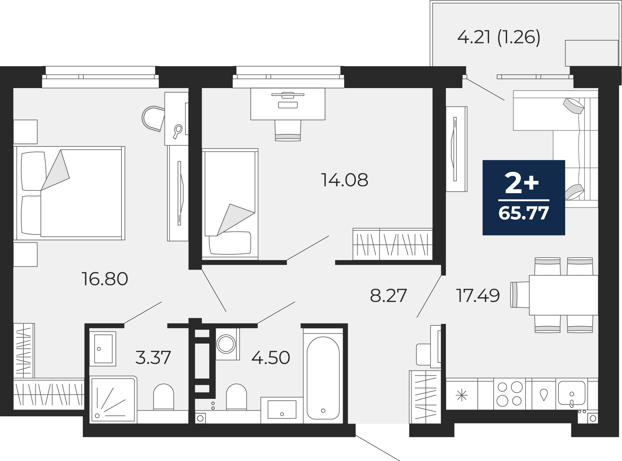 Квартира № 99, 2-комнатная, 65.77 кв. м, 13 этаж