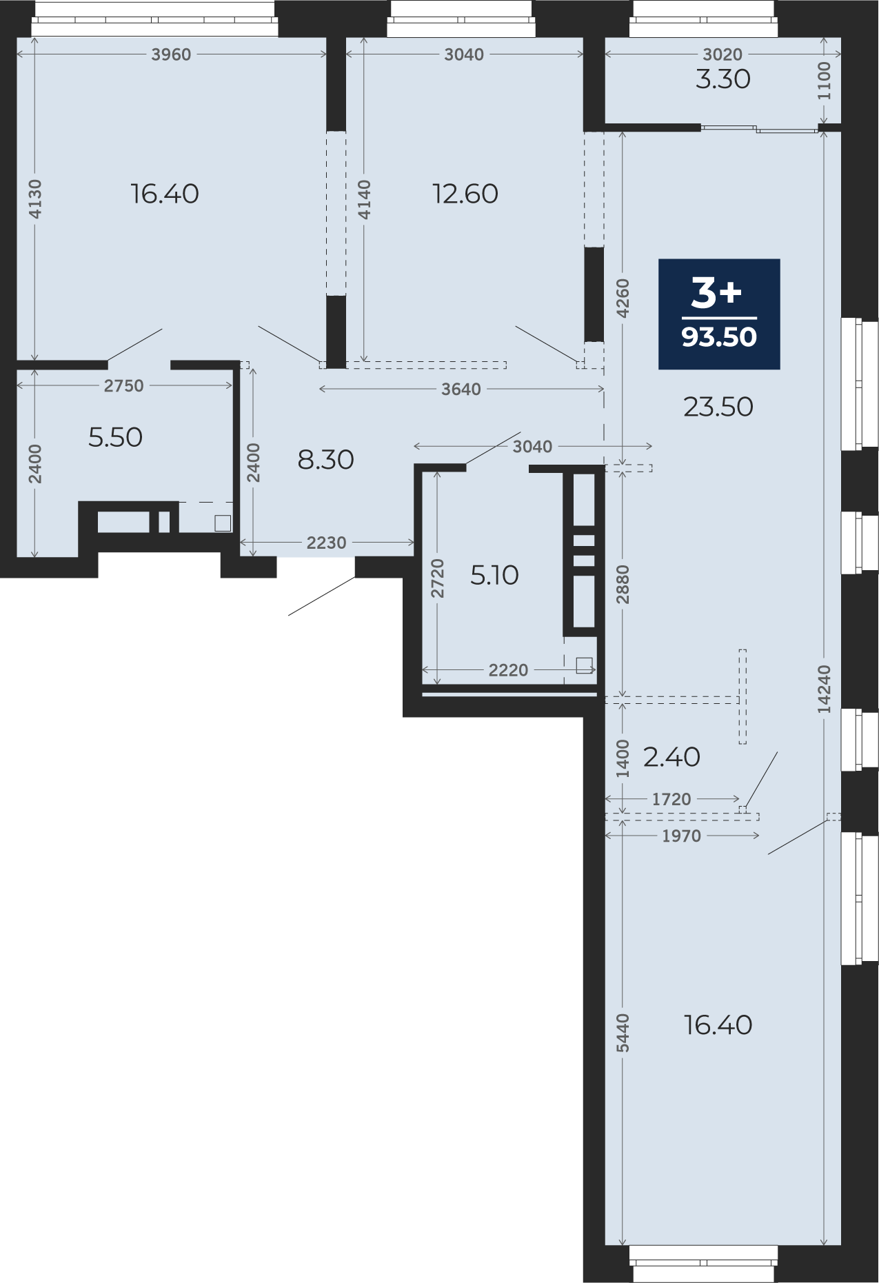 Квартира № 402, 3-комнатная, 93.5 кв. м, 11 этаж