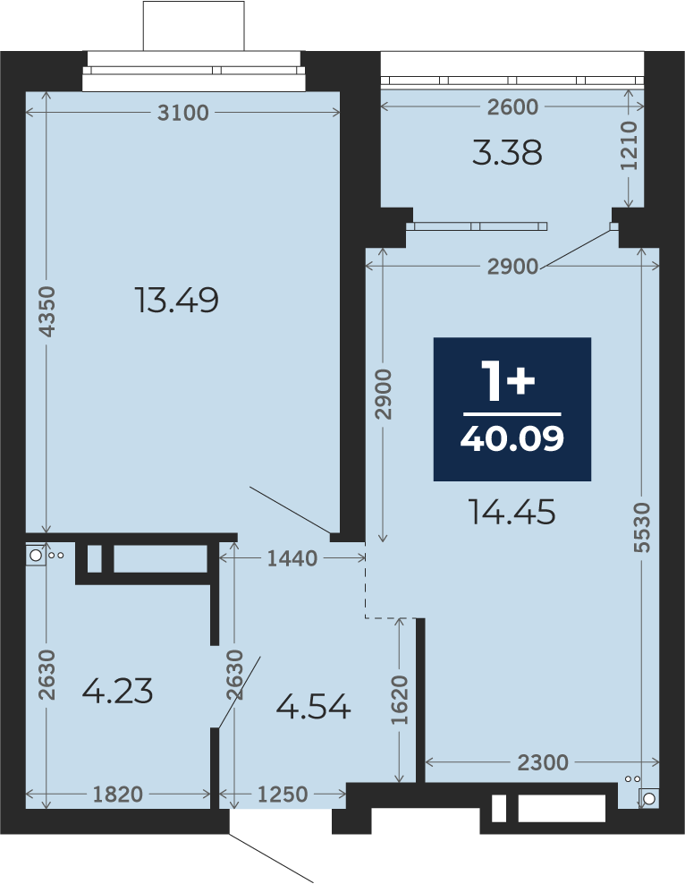 Квартира № 220, 1-комнатная, 40.09 кв. м, 12 этаж