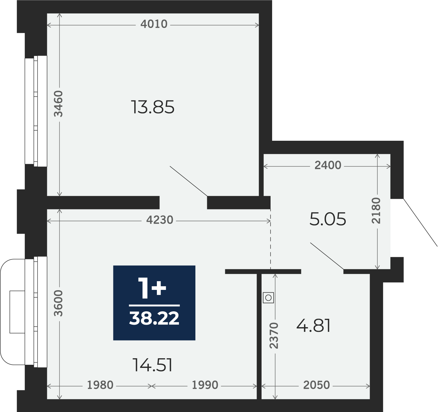 Квартира № 229, 1-комнатная, 38.22 кв. м, 2 этаж