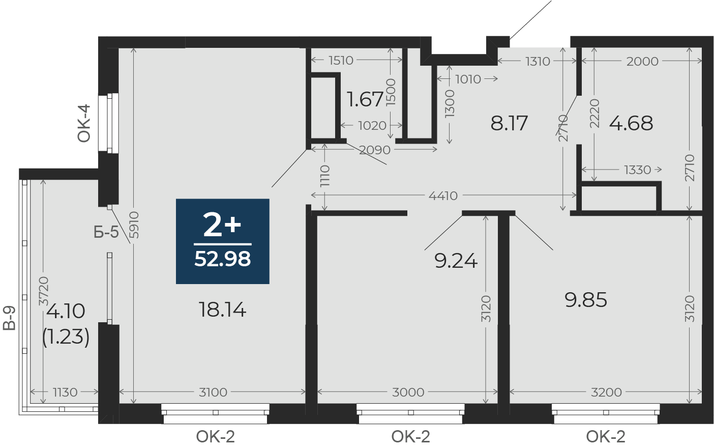 Квартира № 226, 2-комнатная, 52.98 кв. м, 16 этаж