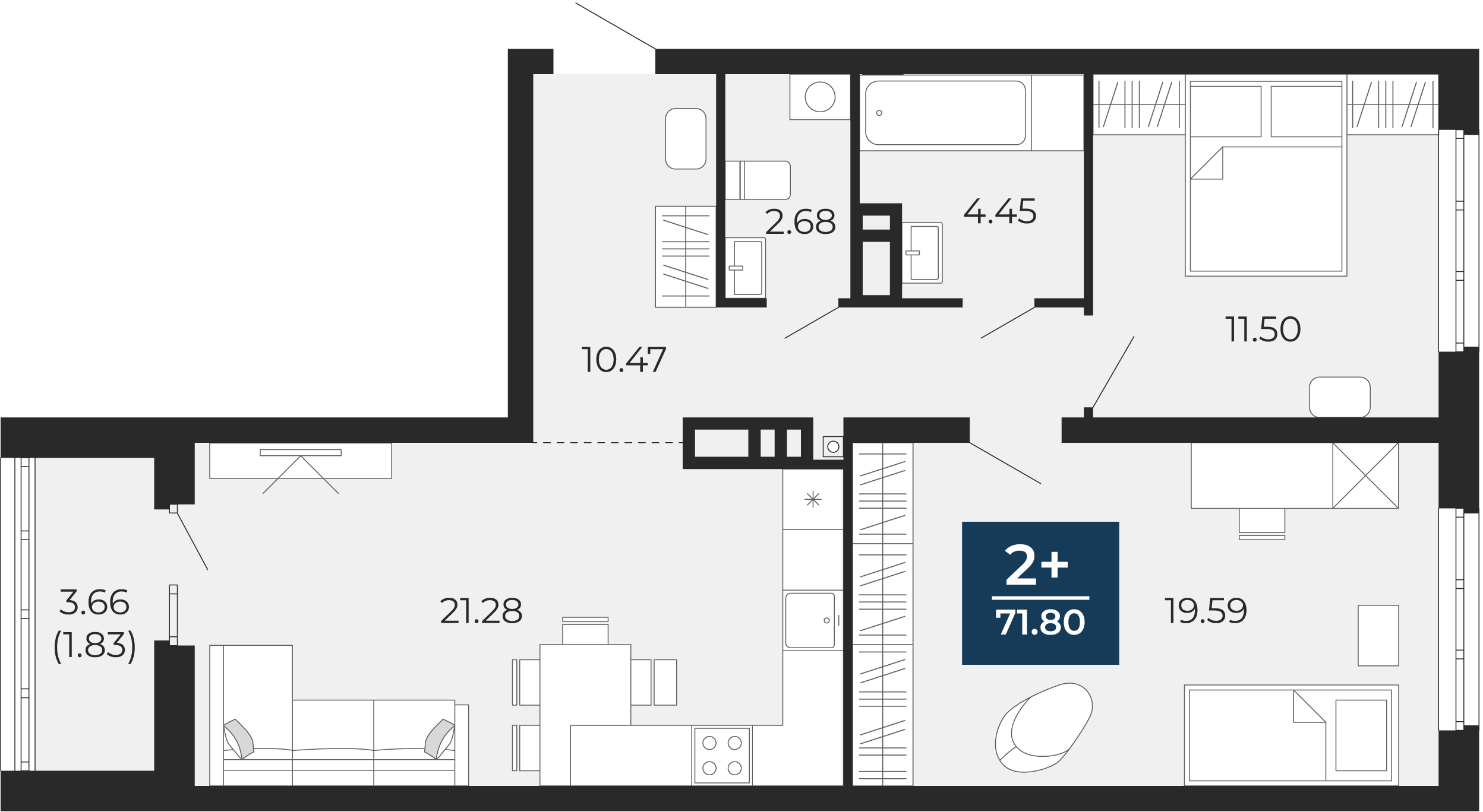 Квартира № 212, 2-комнатная, 71.8 кв. м, 2 этаж