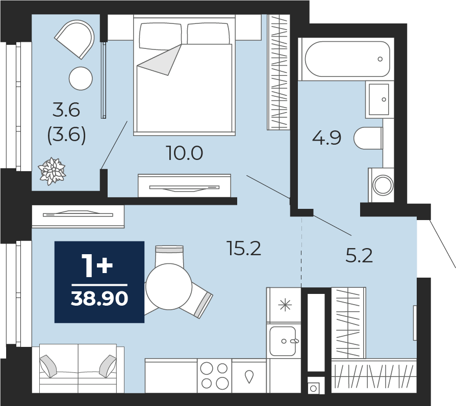 Планировка: Евродвушка 38.9 м² в ЖК Мириады, Мыс