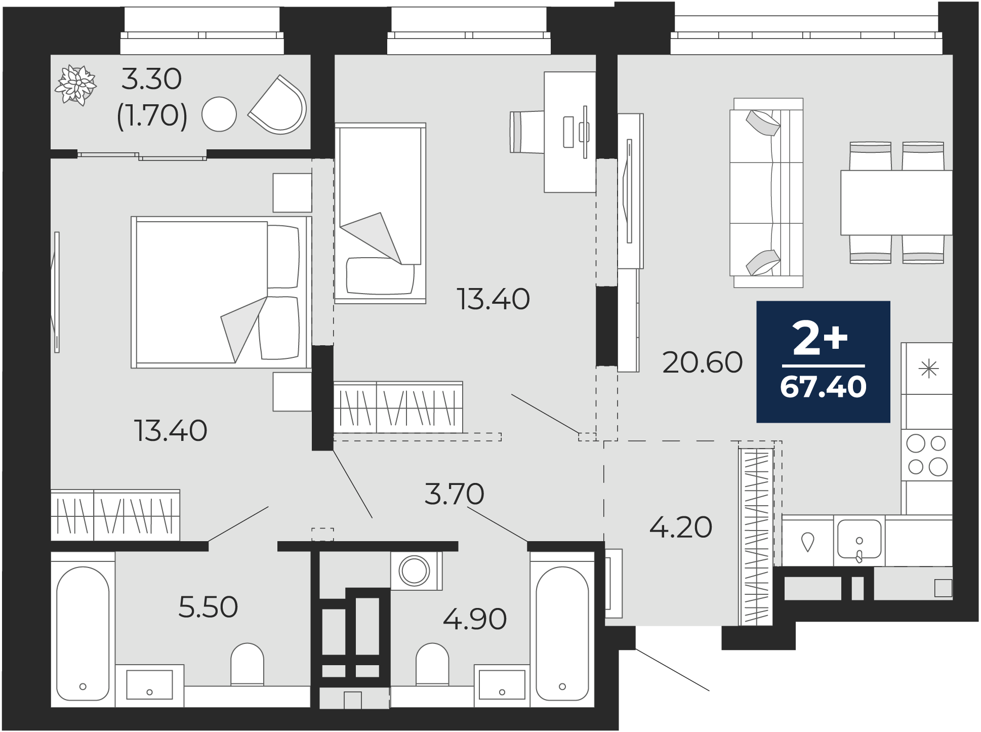 Квартира № 376, 2-комнатная, 67.4 кв. м, 5 этаж