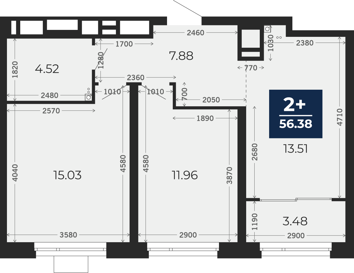 Квартира № 157, 2-комнатная, 56.38 кв. м, 5 этаж