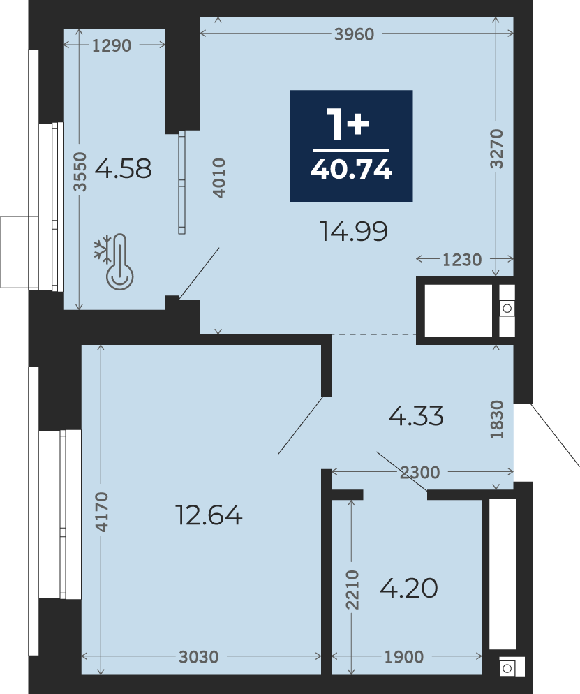 Квартира № 15, 1-комнатная, 40.74 кв. м, 3 этаж