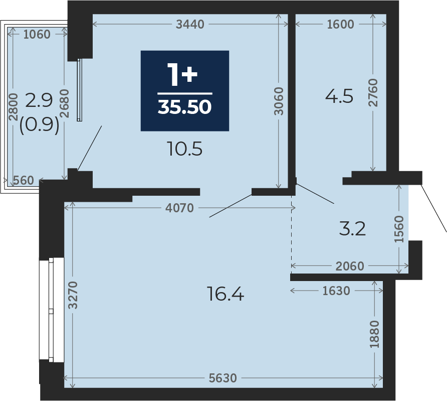 Квартира № 455, 1-комнатная, 35.5 кв. м, 13 этаж