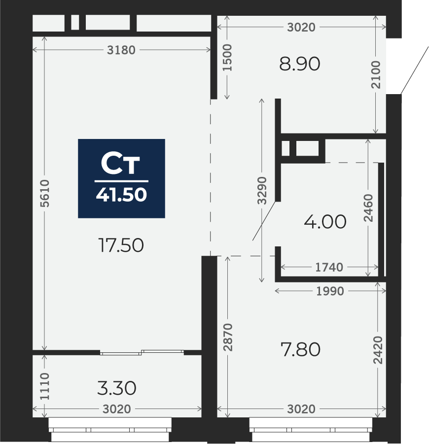 Квартира № 352, Студия, 41.5 кв. м, 18 этаж