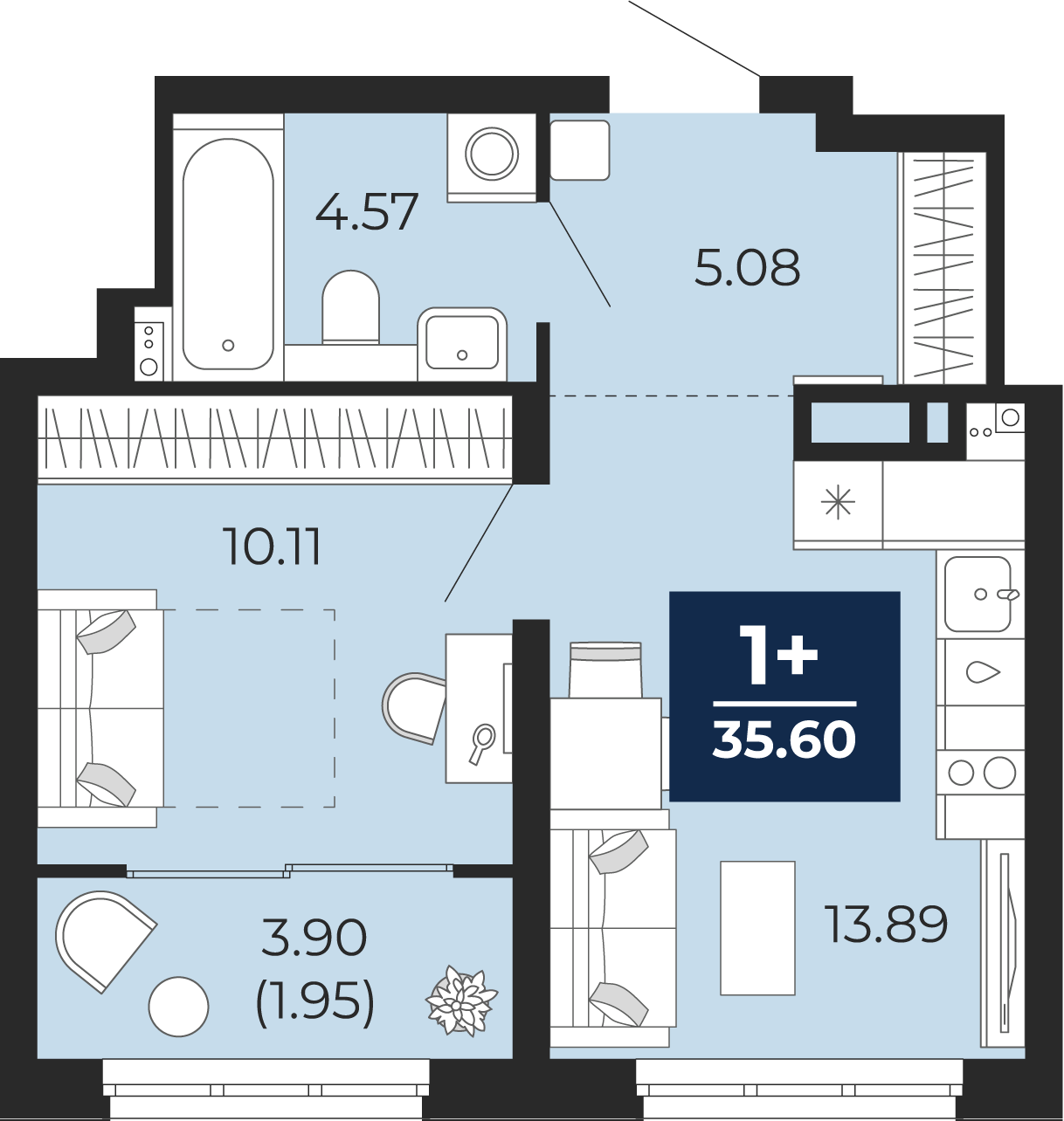 Квартира № 335, 1-комнатная, 35.6 кв. м, 16 этаж