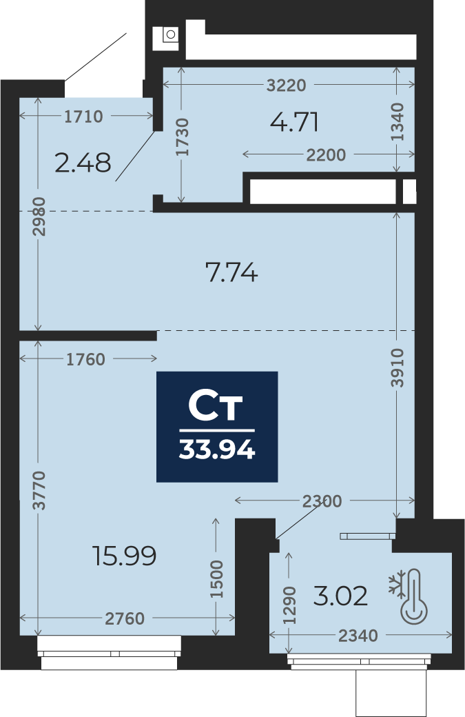 Квартира № 93, Студия, 33.94 кв. м, 13 этаж
