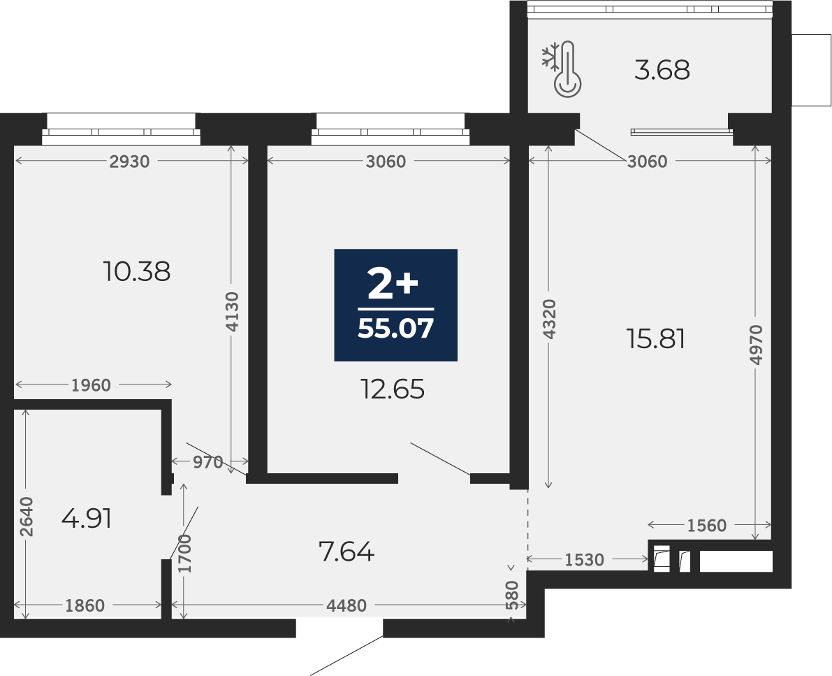 Квартира № 752, 2-комнатная, 53.23 кв. м, 2 этаж