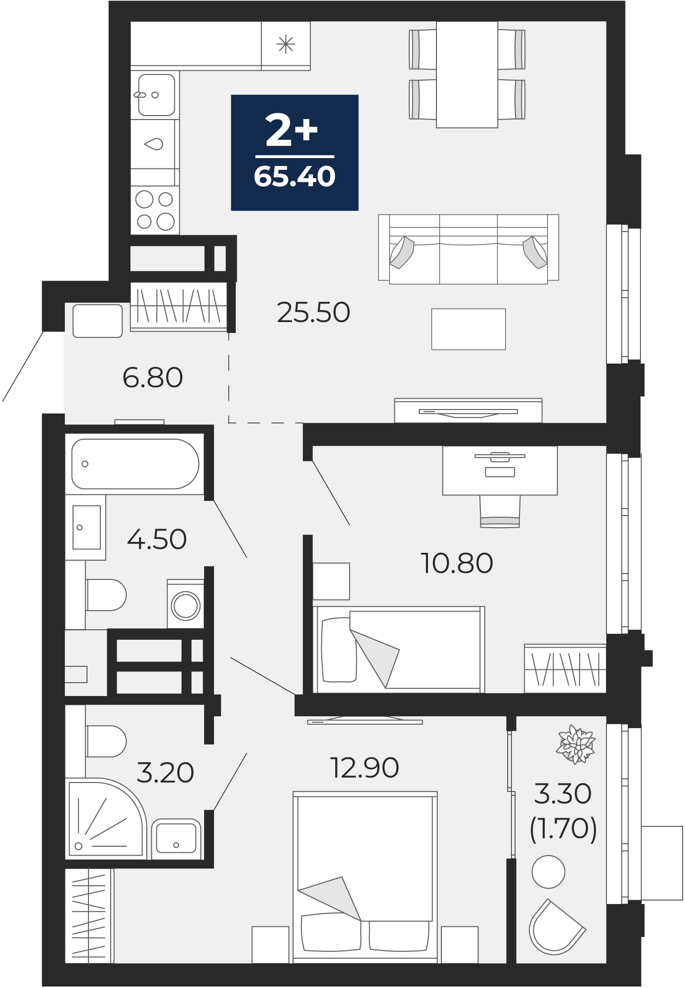 Квартира № 222, 2-комнатная, 65.4 кв. м, 20 этаж