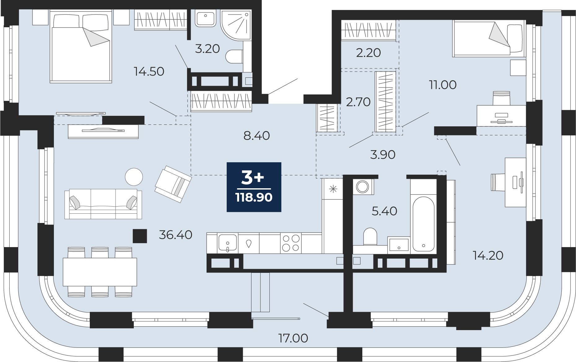 Квартира № 454, 2-комнатная, 118.9 кв. м, 13 этаж