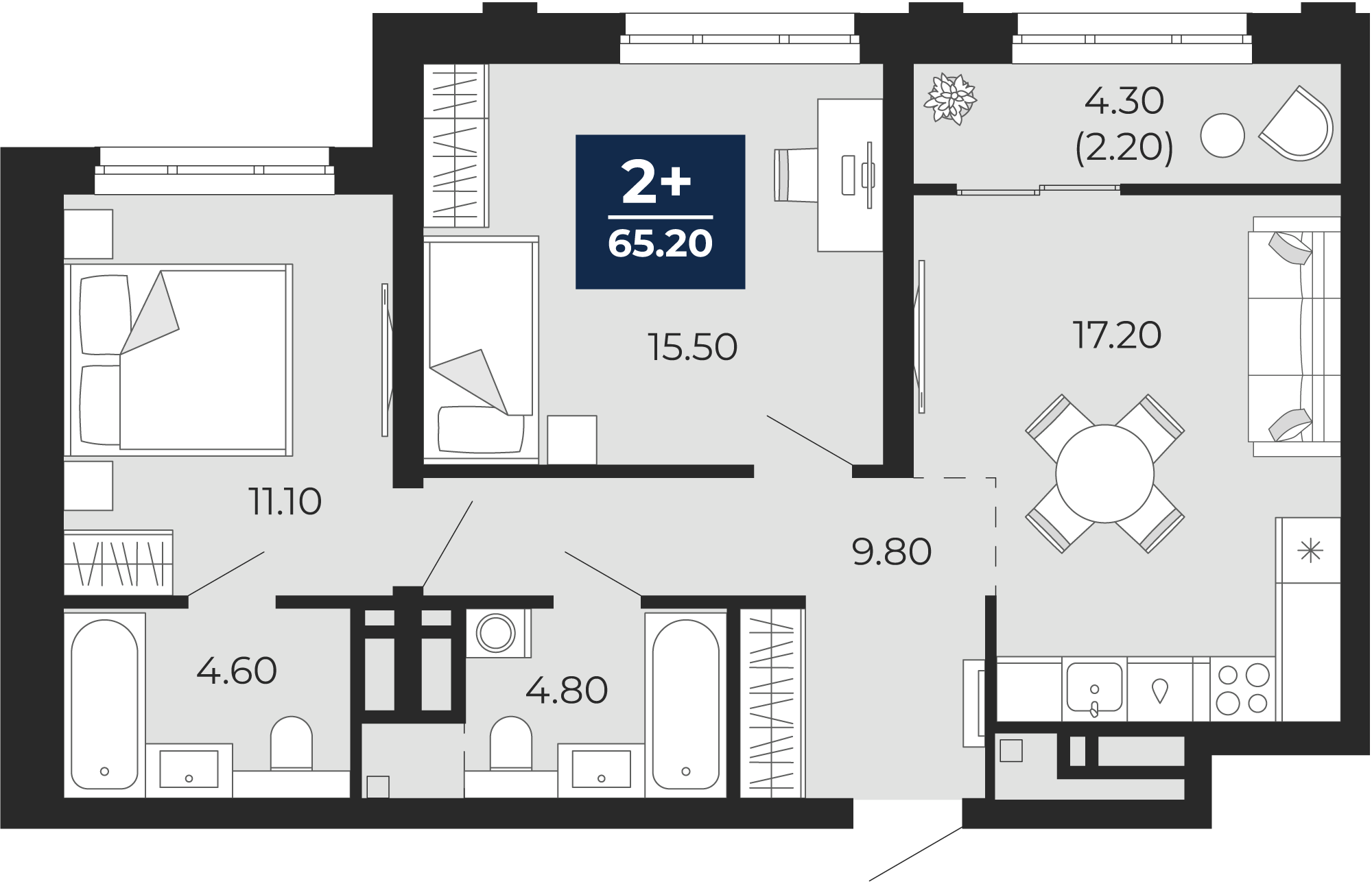 Квартира № 263, 2-комнатная, 65.2 кв. м, 3 этаж