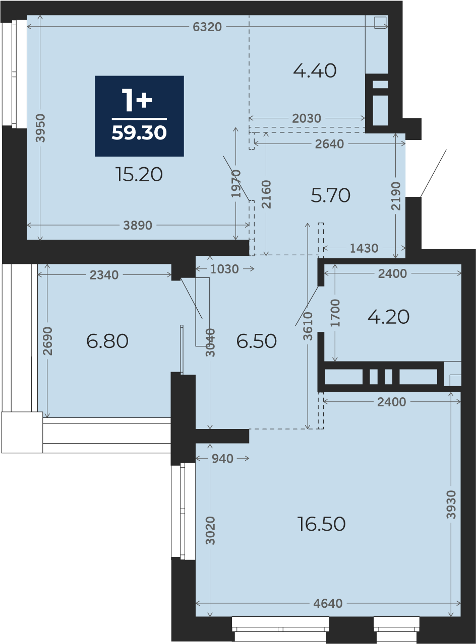 Квартира № 120, 1-комнатная, 59.3 кв. м, 16 этаж