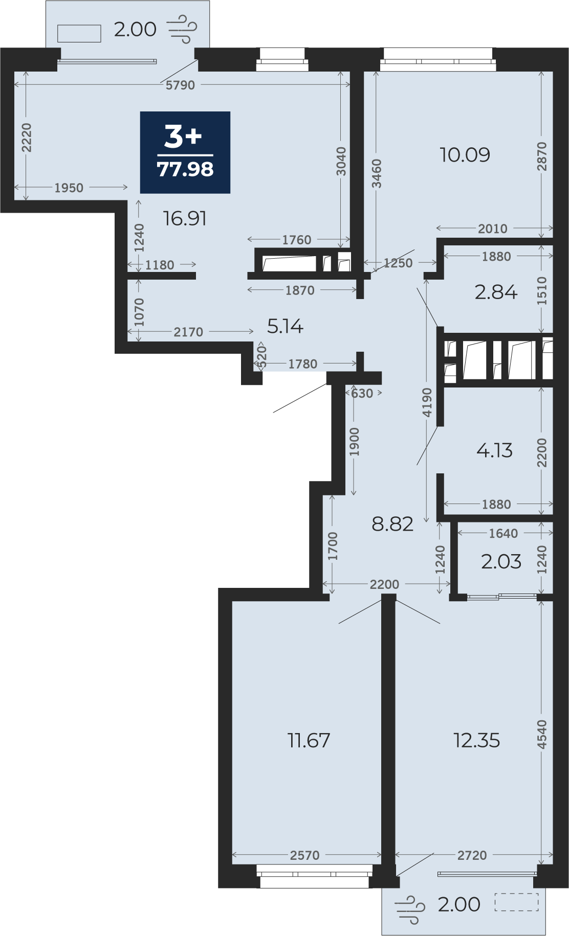 Квартира № 548, 3-комнатная, 77.98 кв. м, 6 этаж