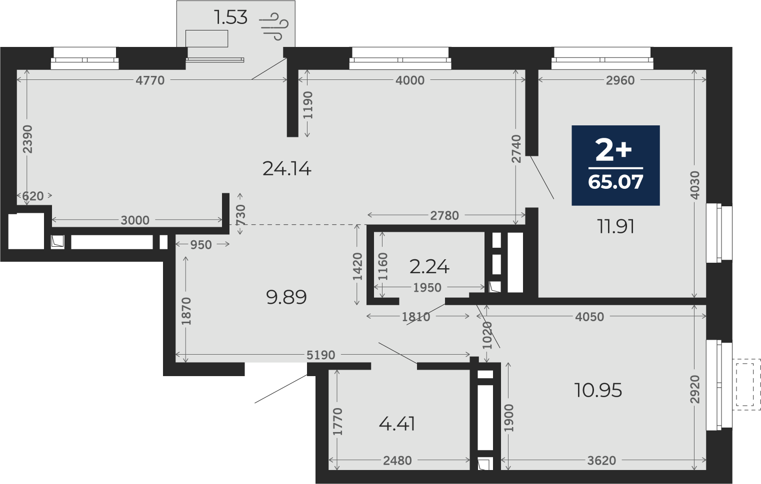 Квартира № 496, 2-комнатная, 65.07 кв. м, 13 этаж