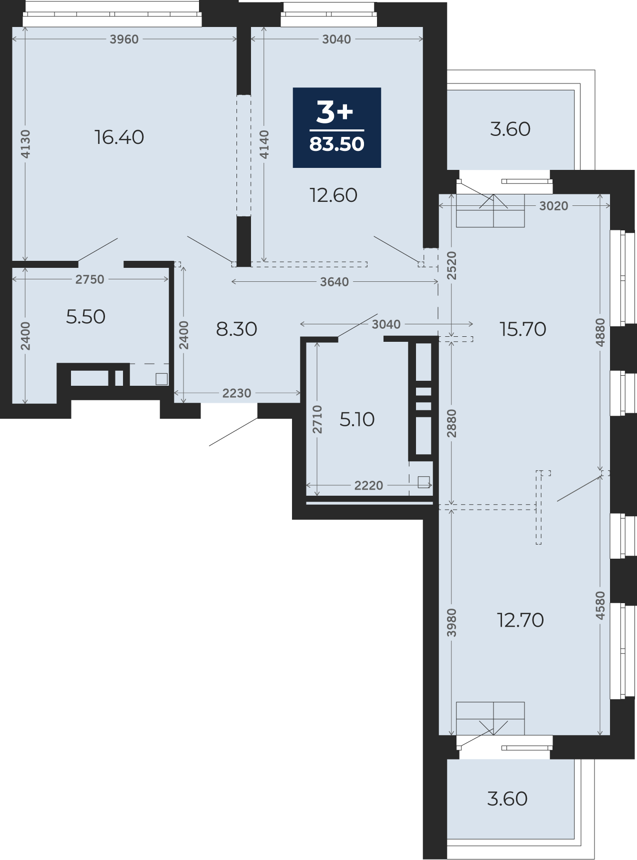 Квартира № 417, 3-комнатная, 83.5 кв. м, 14 этаж