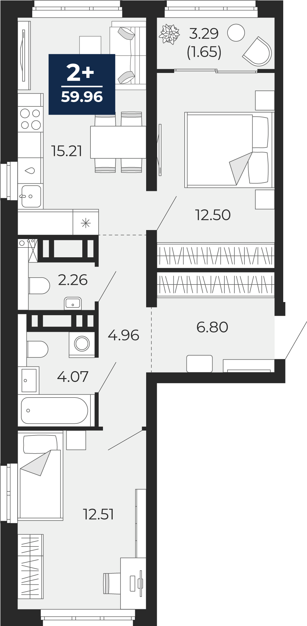 Квартира № 216, 2-комнатная, 59.96 кв. м, 22 этаж