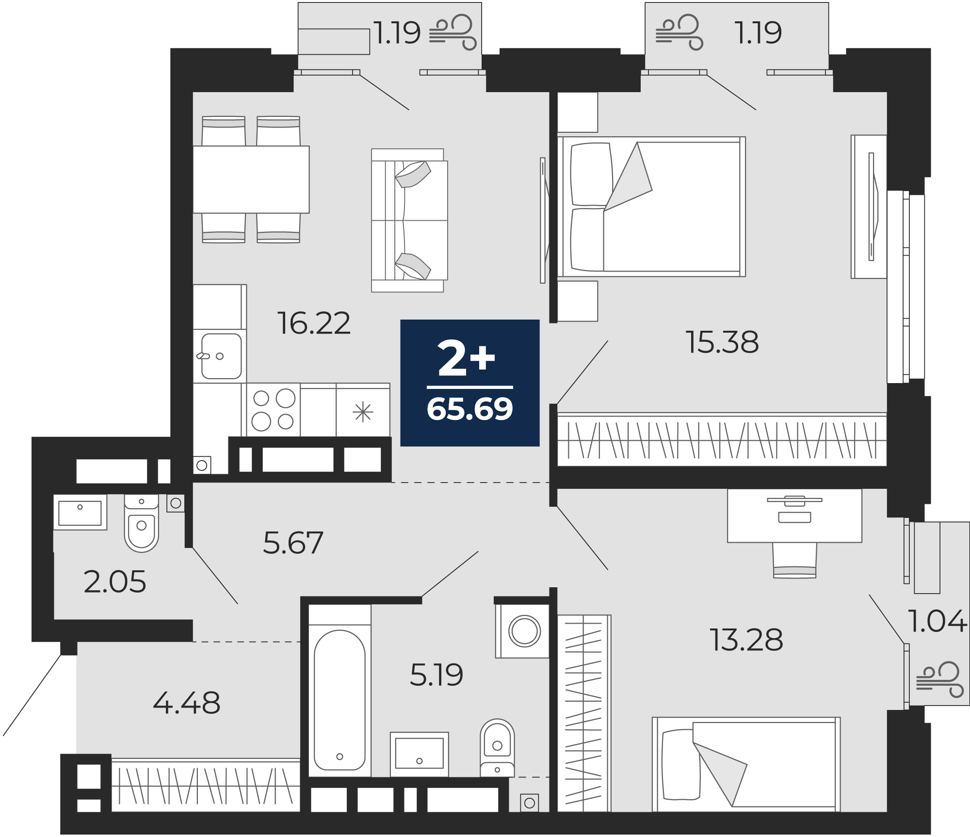 Планировка: Евротрешка 65.7 м² в ЖК Айвазовский, 5-й Заречный