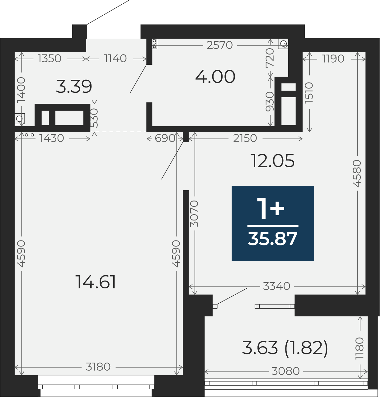 Квартира № 418, 1-комнатная, 35.87 кв. м, 13 этаж