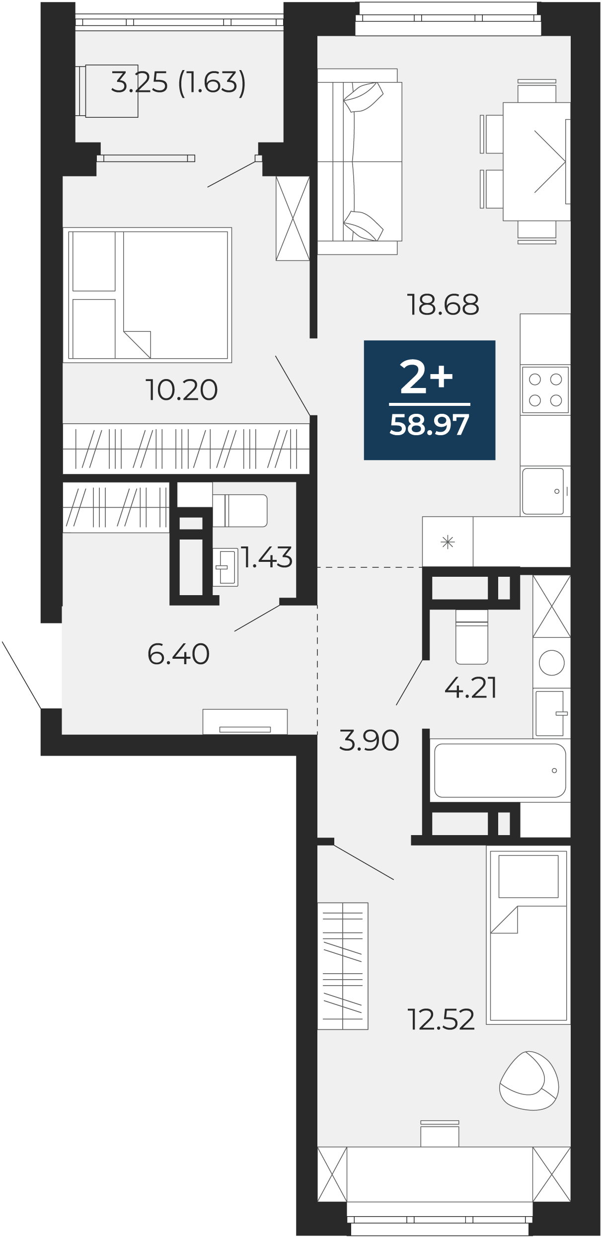 Квартира № 146, 2-комнатная, 58.97 кв. м, 16 этаж