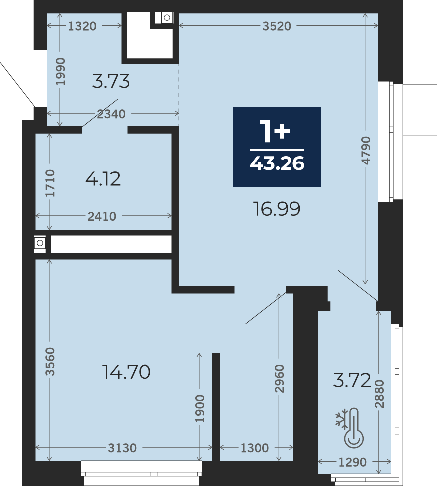 Квартира № 155, 1-комнатная, 43.26 кв. м, 21 этаж