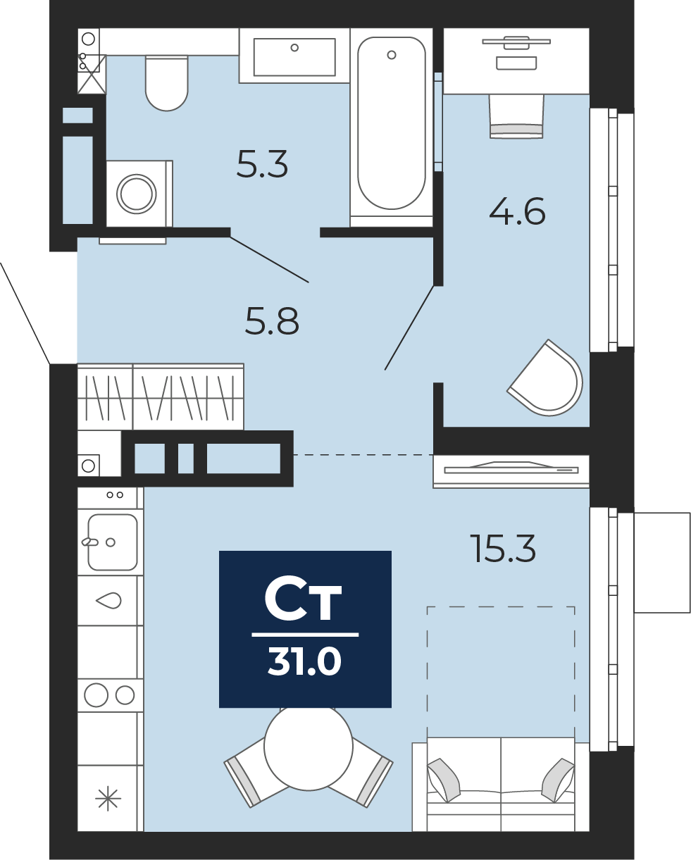 Квартира № 438, Студия, 31.39 кв. м, 21 этаж
