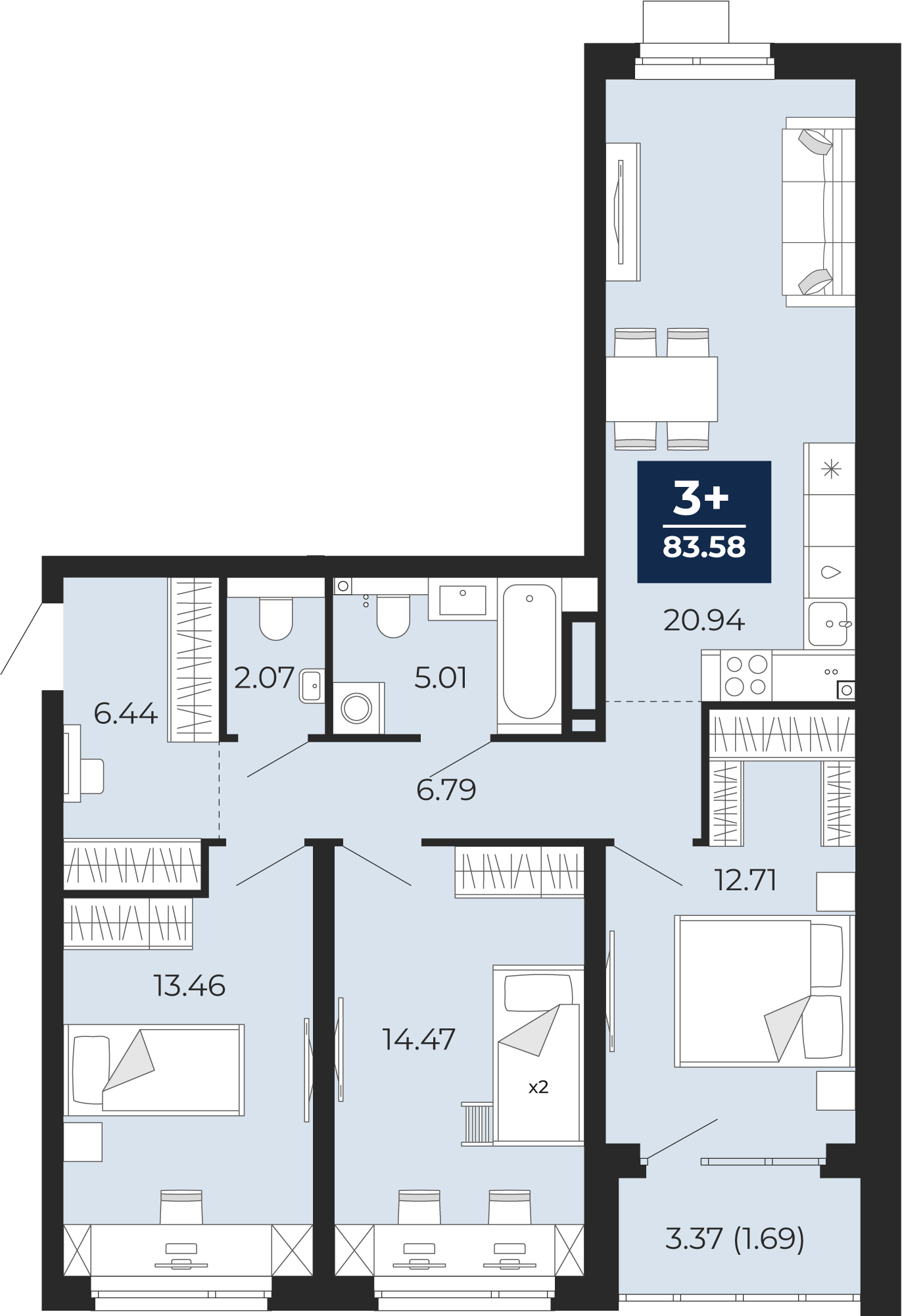 Квартира № 125, 3-комнатная, 83.58 кв. м, 2 этаж