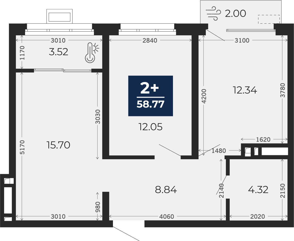 Квартира № 350, 2-комнатная, 58.77 кв. м, 6 этаж