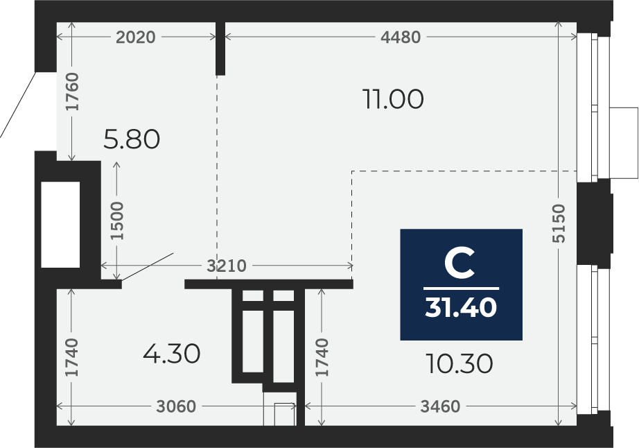 Квартира № 201, Студия, 31.4 кв. м, 11 этаж