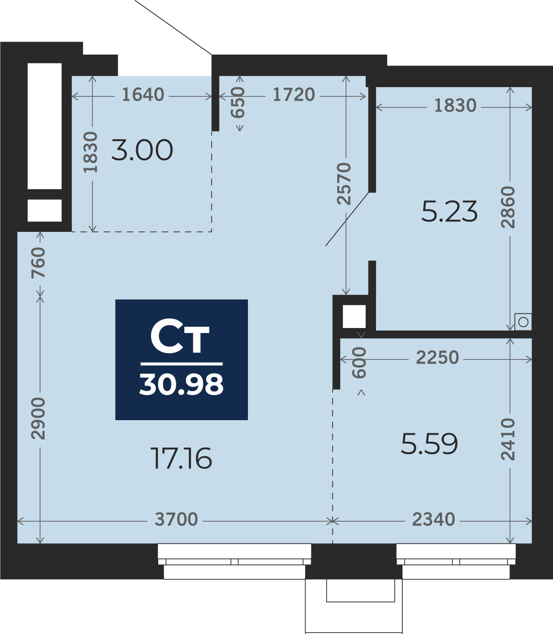 Квартира № 49, Студия, 30.98 кв. м, 2 этаж