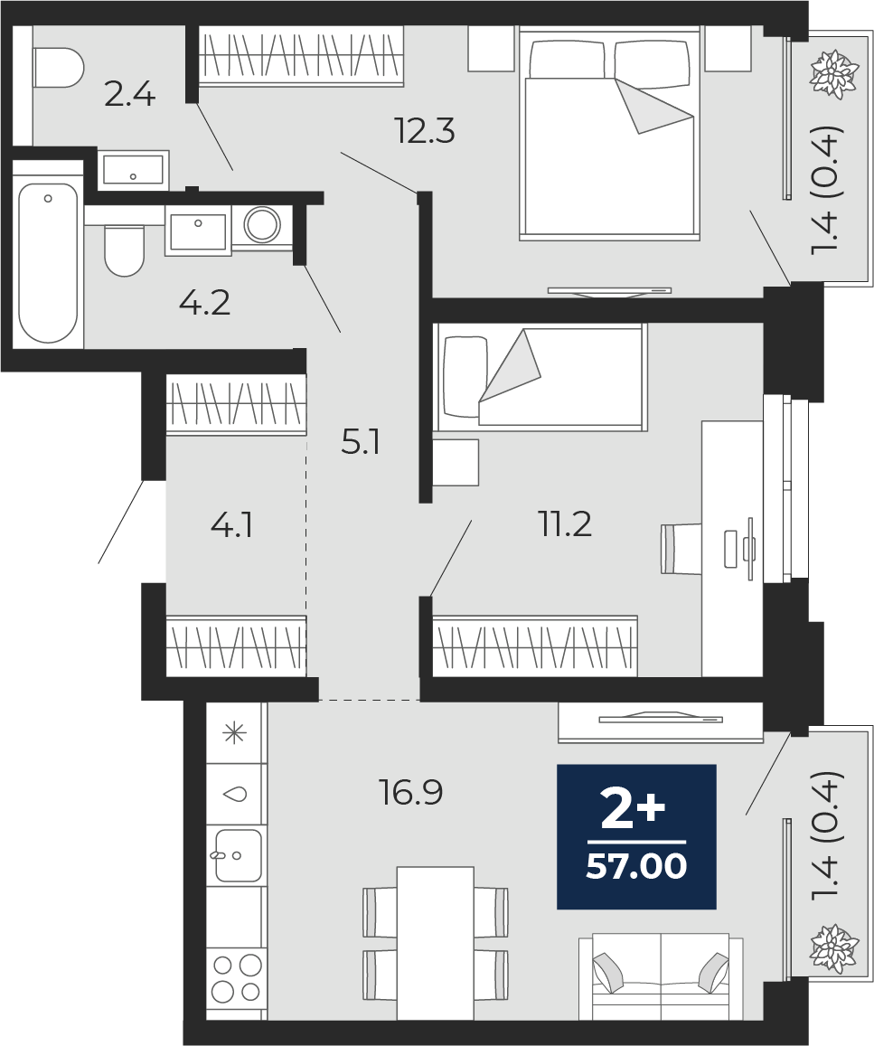 Планировка: Евротрешка 59 м² в ЖК Мириады, Мыс
