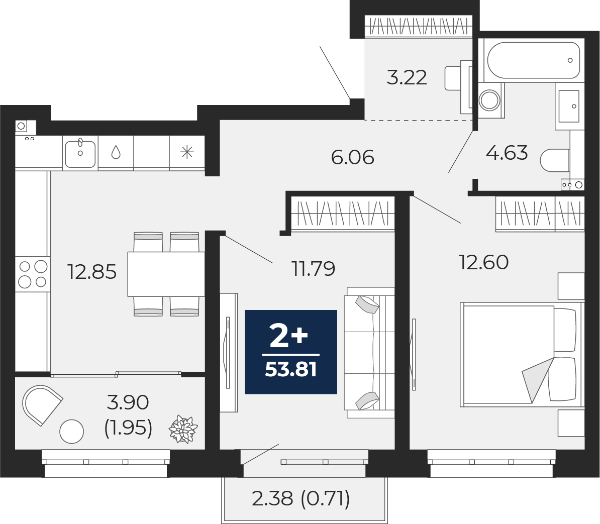 Квартира № 572, 2-комнатная, 53.81 кв. м, 6 этаж