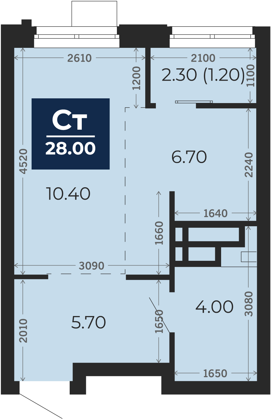 Квартира № 149, Студия, 28 кв. м, 9 этаж