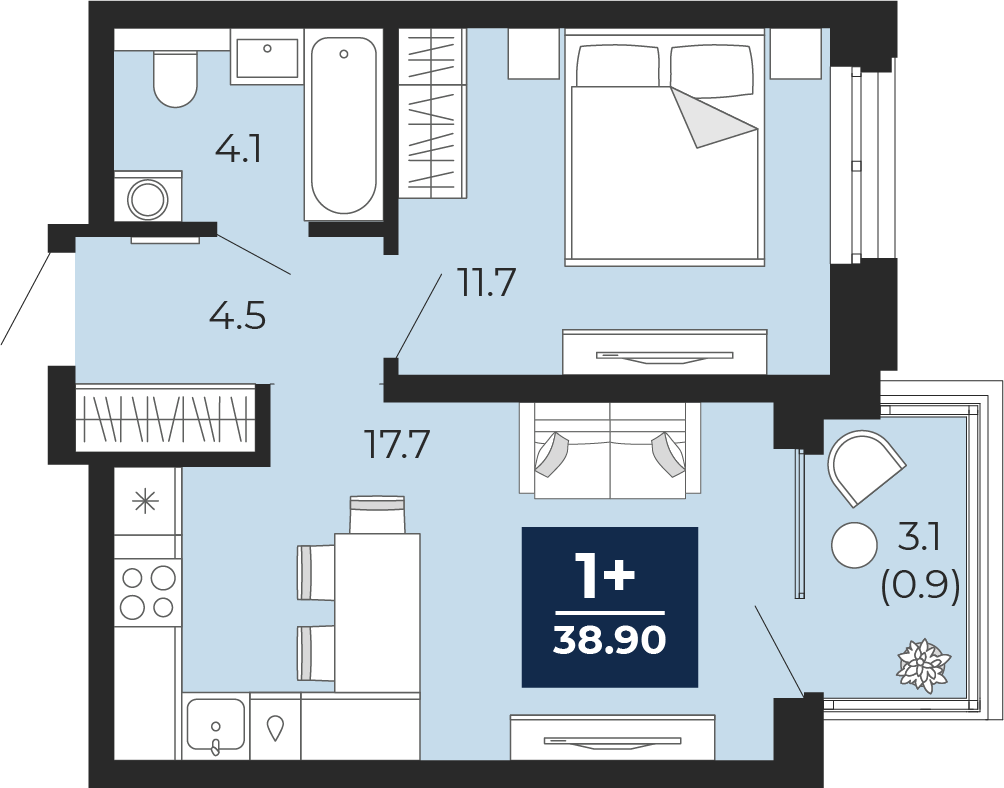 Квартира № 284, 1-комнатная, 41.1 кв. м, 12 этаж