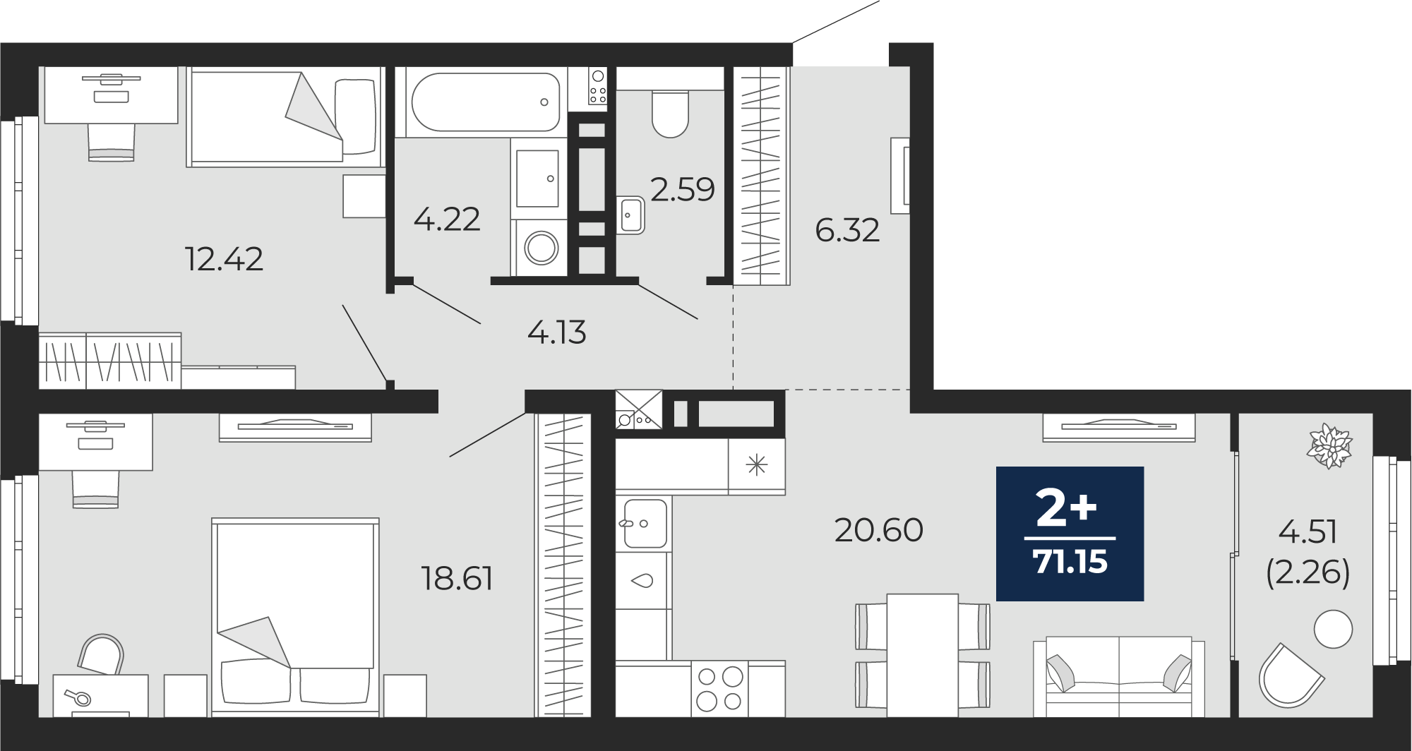 Квартира № 306, 2-комнатная, 71.15 кв. м, 2 этаж